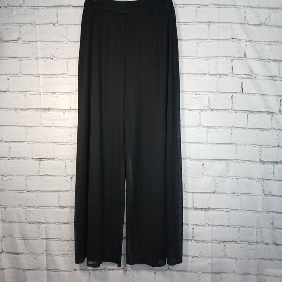 BLACK WIDE LEG POLY PANTS WITH SHEER OVERLAY, BLACK, BY I.N. SAN FRANCISCO XL - Picture 1 of 8